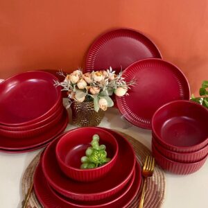 16pcs Red ribbled double bowl Dinner Set
