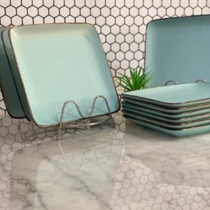 Square plate with bronze trim light blue Plates