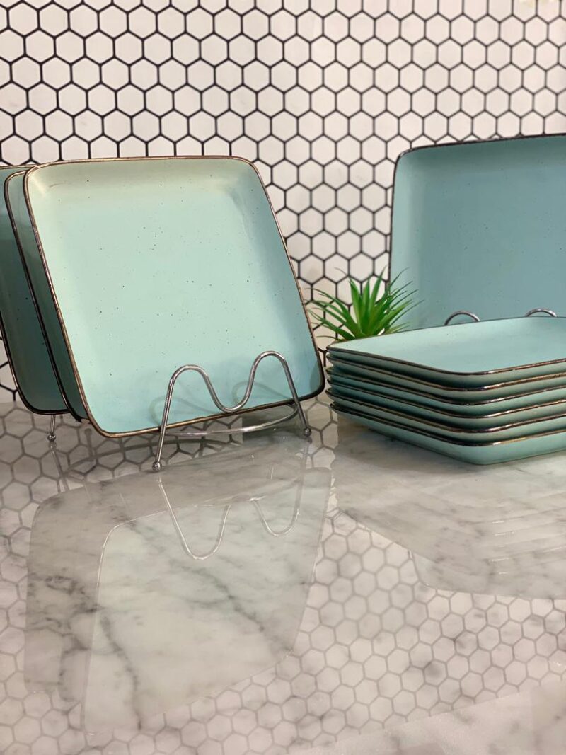 Square plate with bronze trim light blue Plates