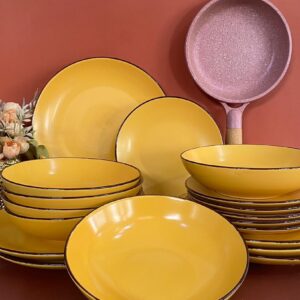 18pcs Mustard with brown trim Dinner Set